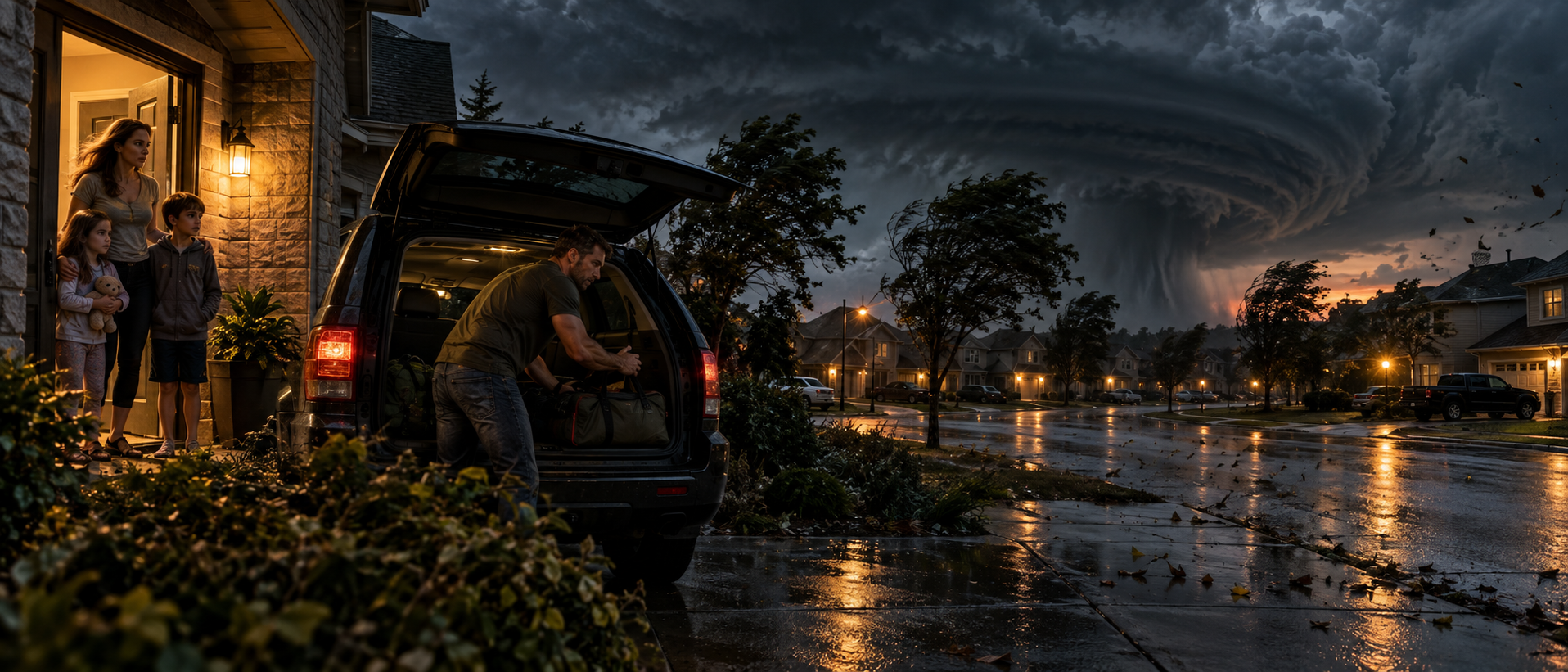A family loading their SUV as a storm rolls in