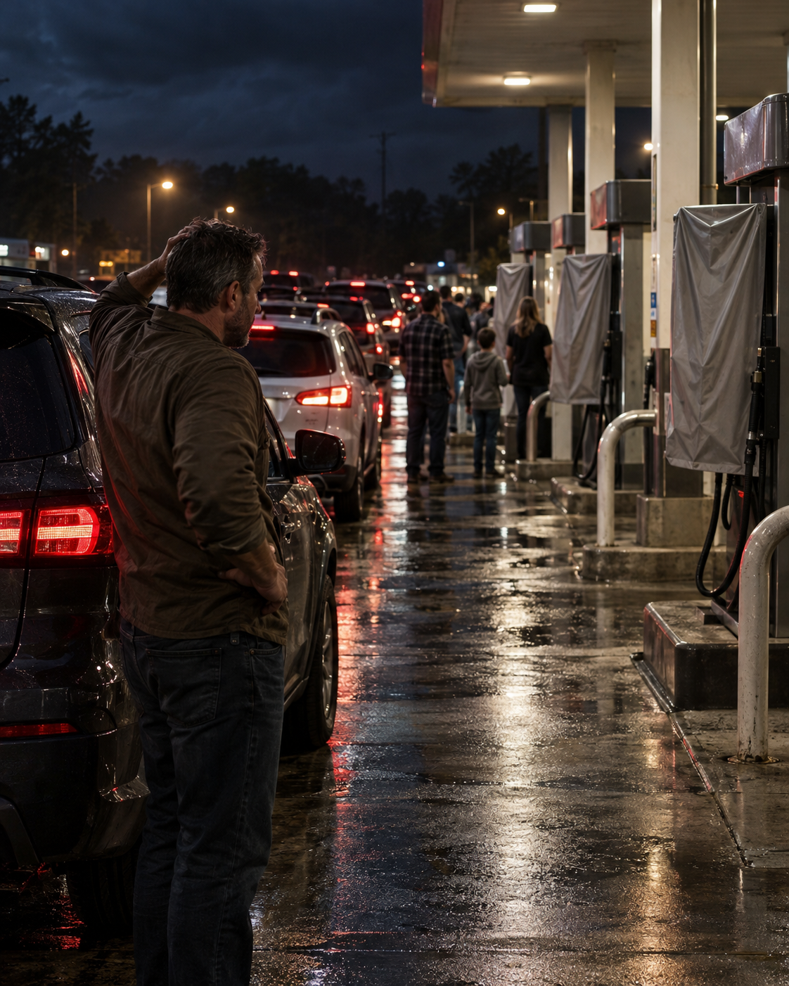 A long line of cars at a gas station at night