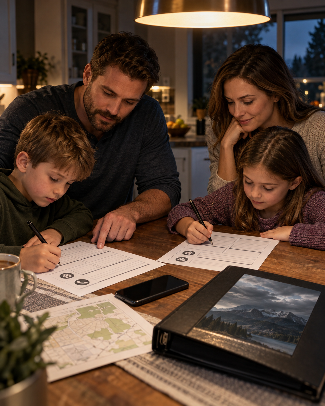 A family filling out a communication card together