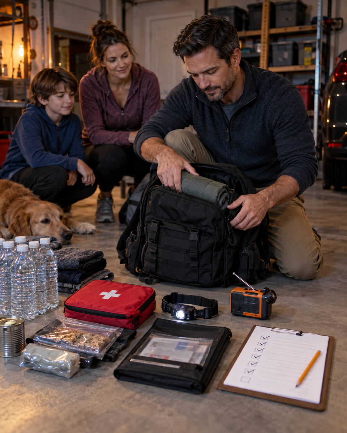 A man packing a go-bag with a printed checklist