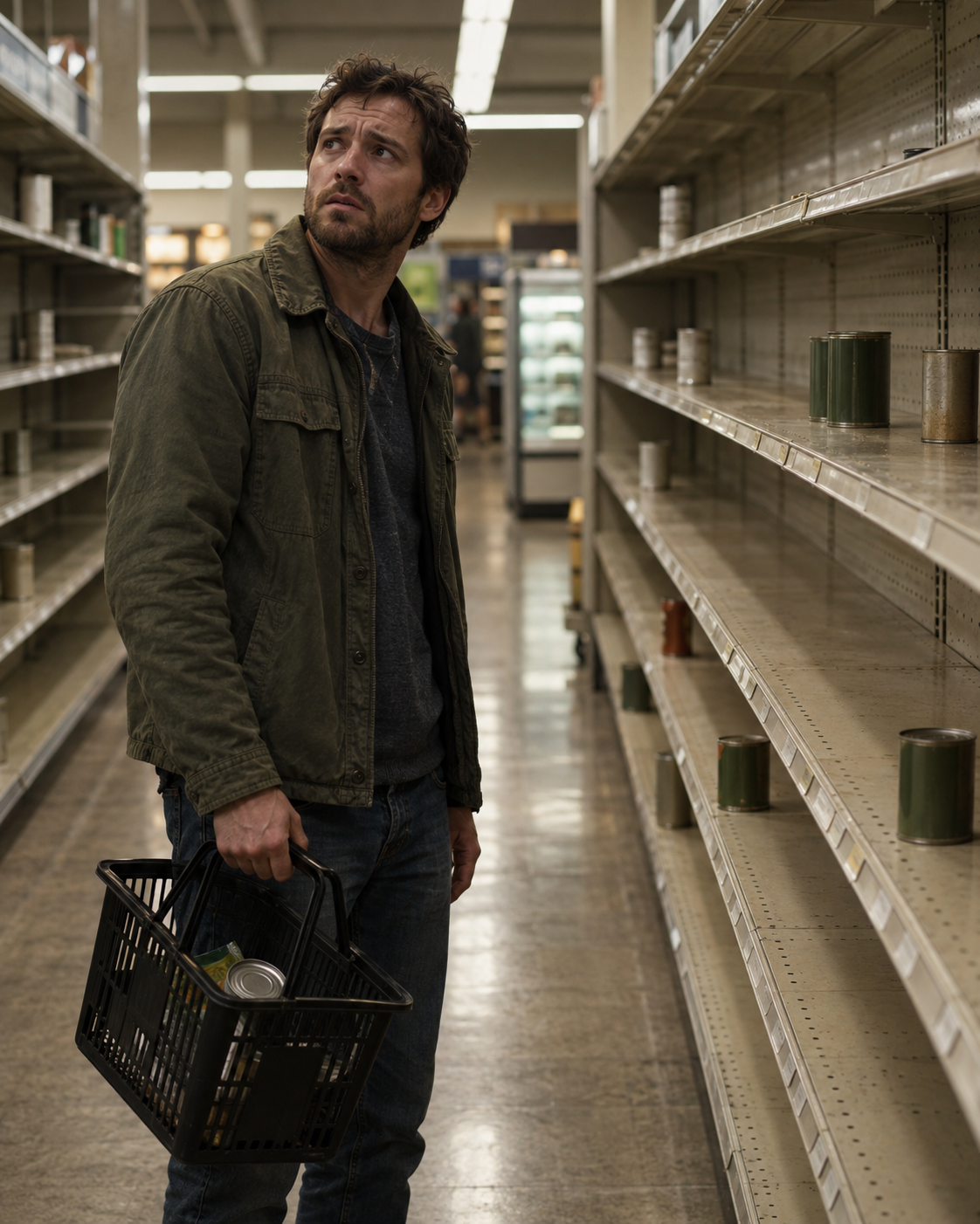 A man with a near-empty basket in a bare grocery aisle