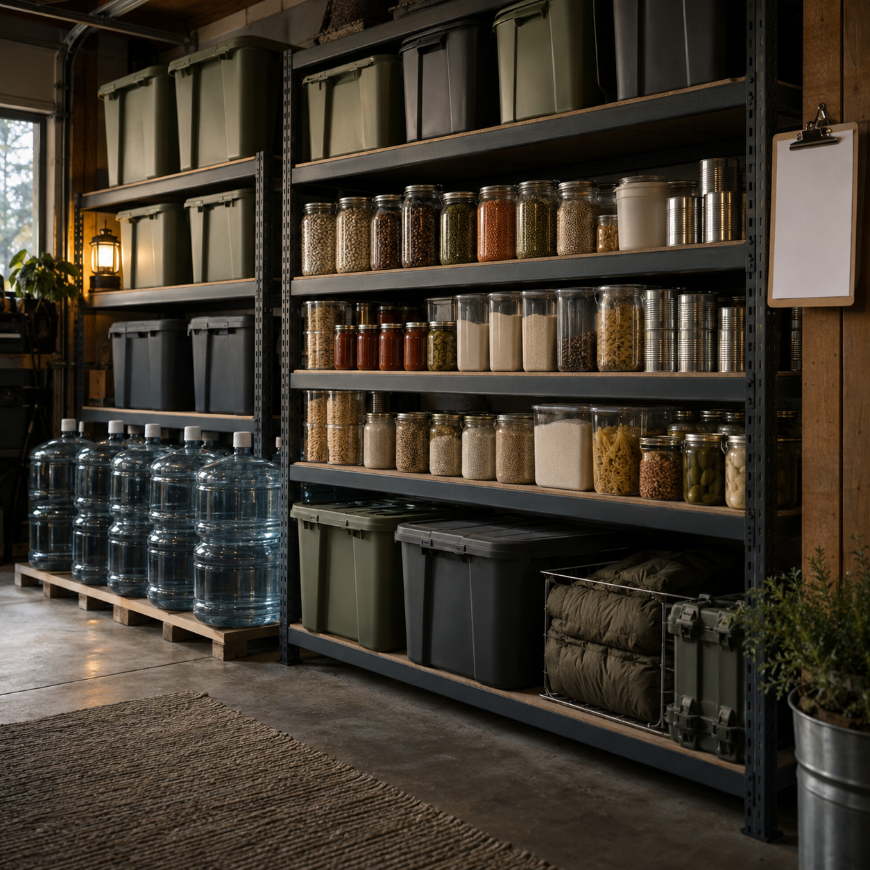 A garage storage wall with bins and water
