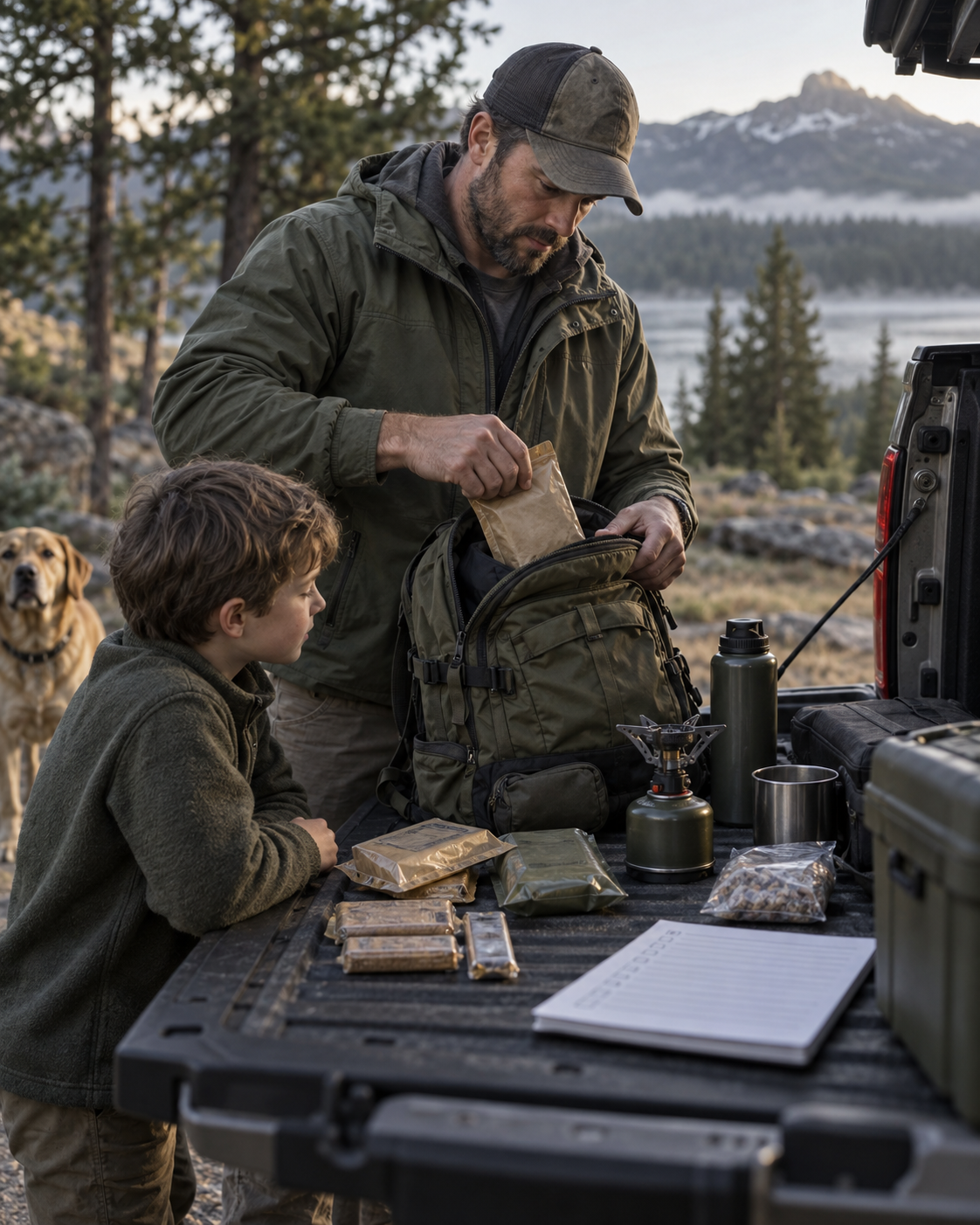 A portable food kit being packed on a tailgate
