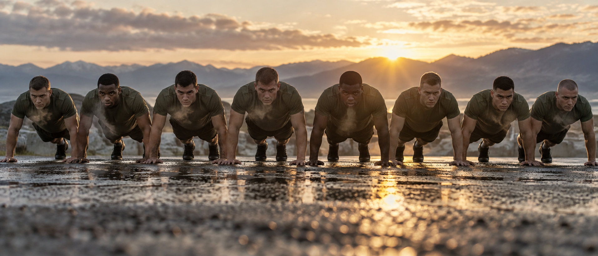 Service members doing push-ups at dawn