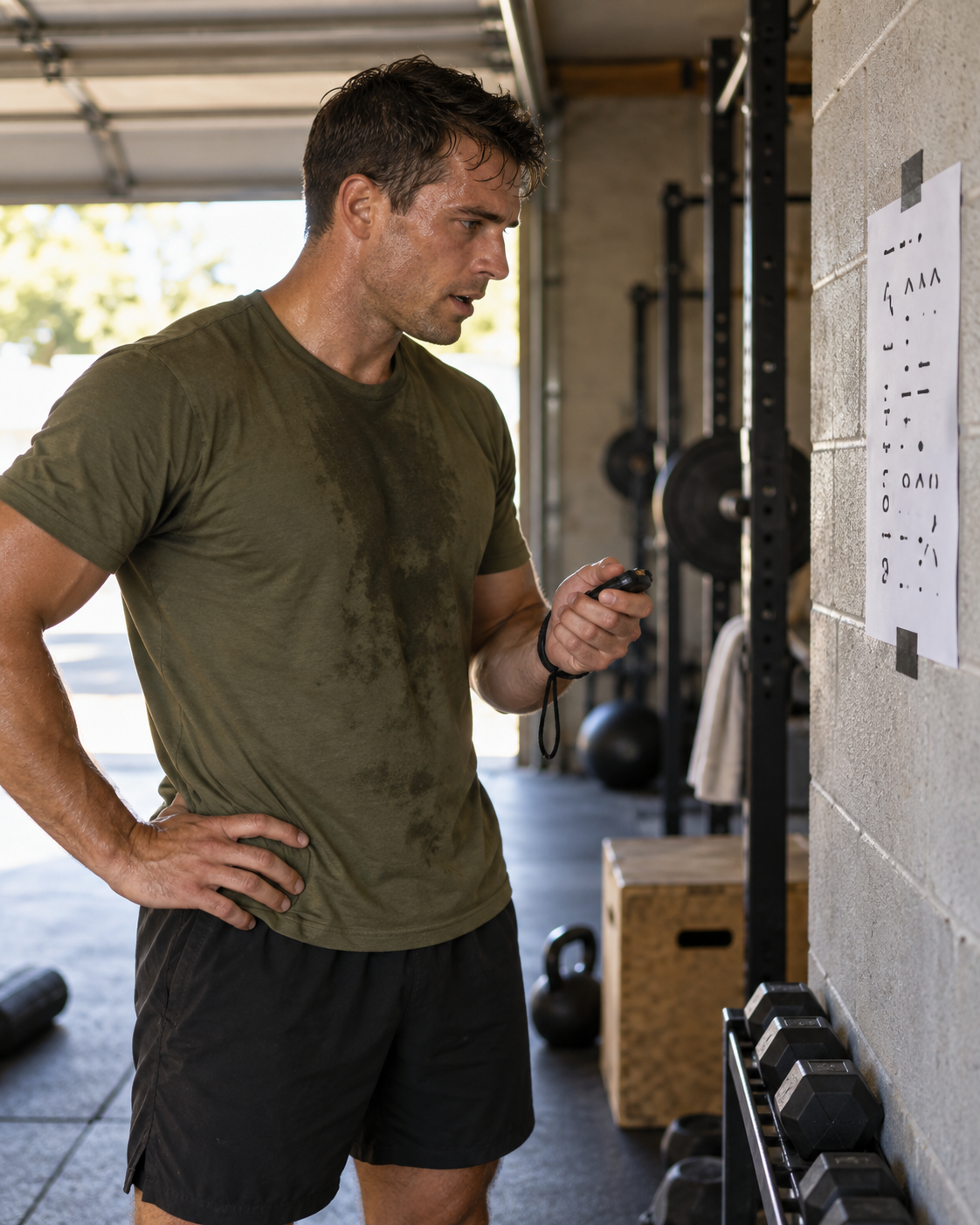 Soldier reading a workout page taped to a garage wall