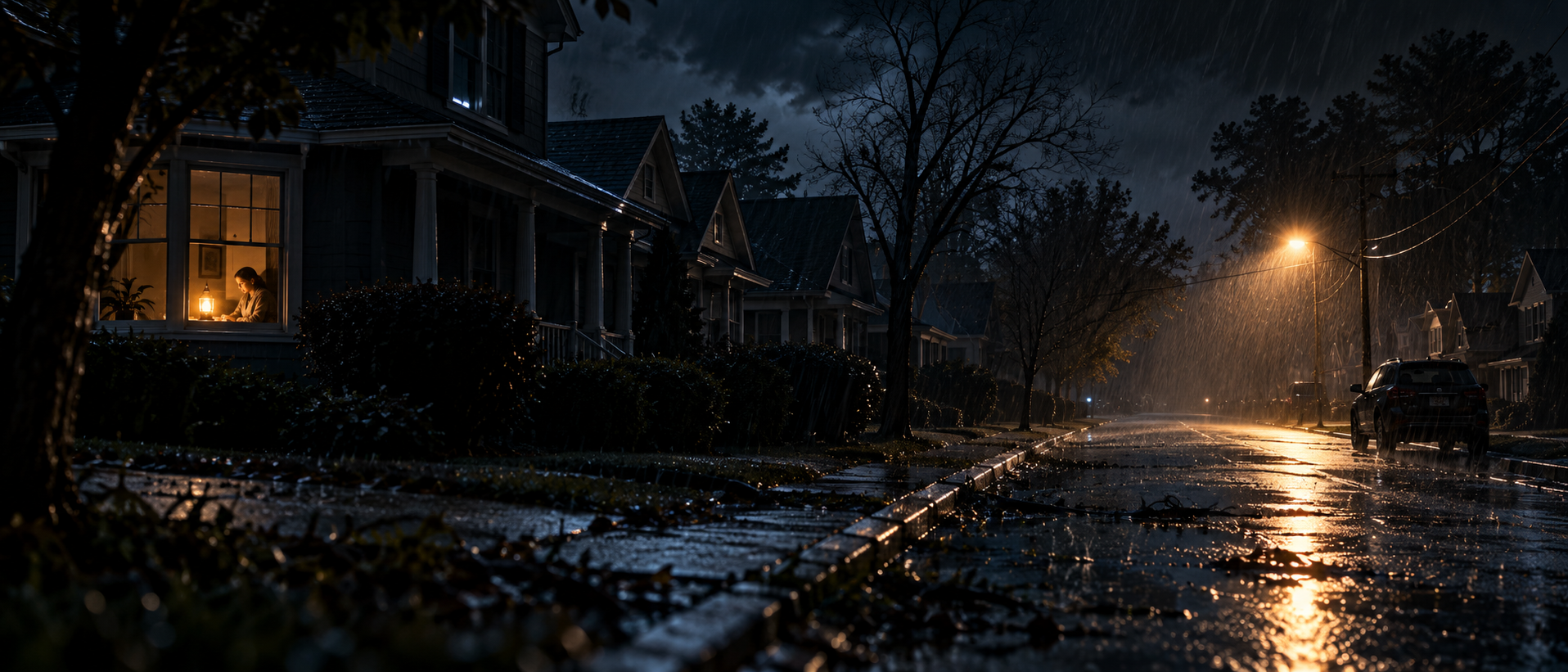 A suburban street at night with every house dark