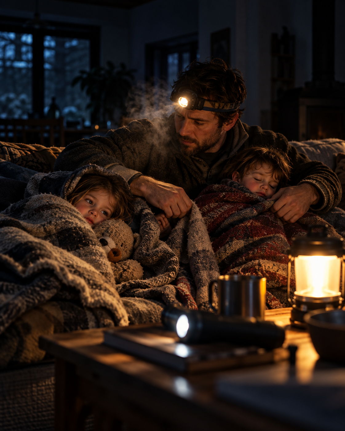 A father wrapping his kids in blankets in a dark living room