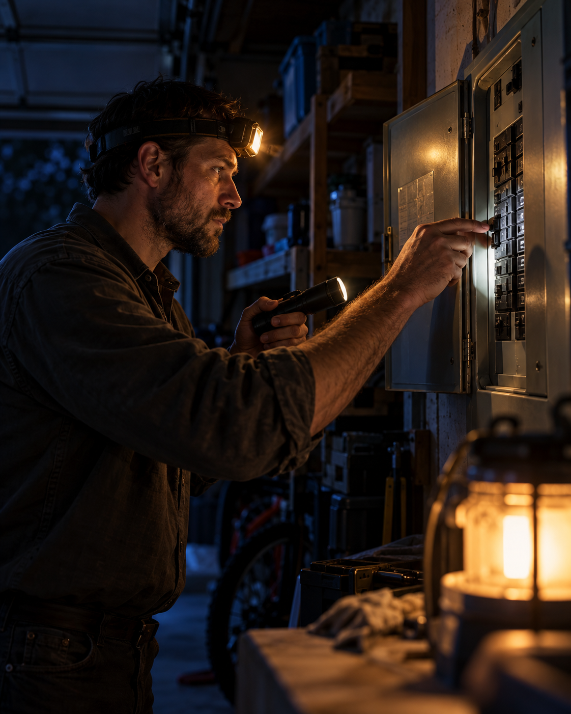 A man checking a breaker panel by headlamp