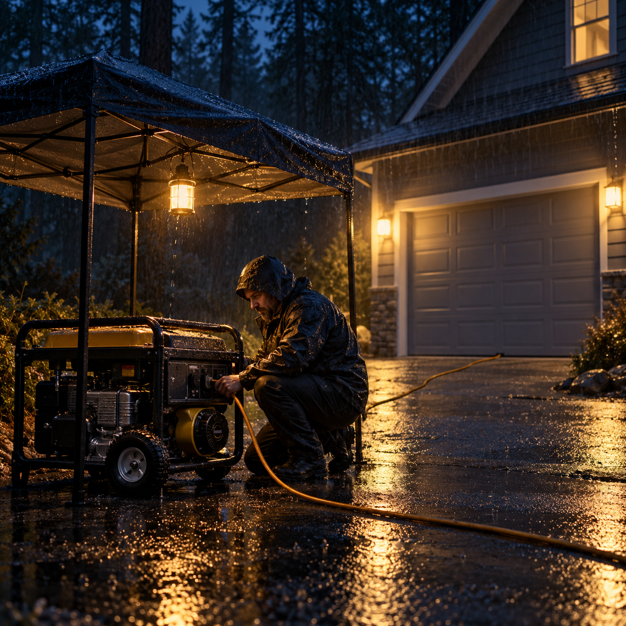 A generator running outdoors, far from the house