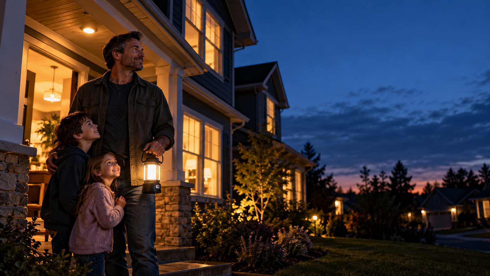 A house at dusk as the lights come back on