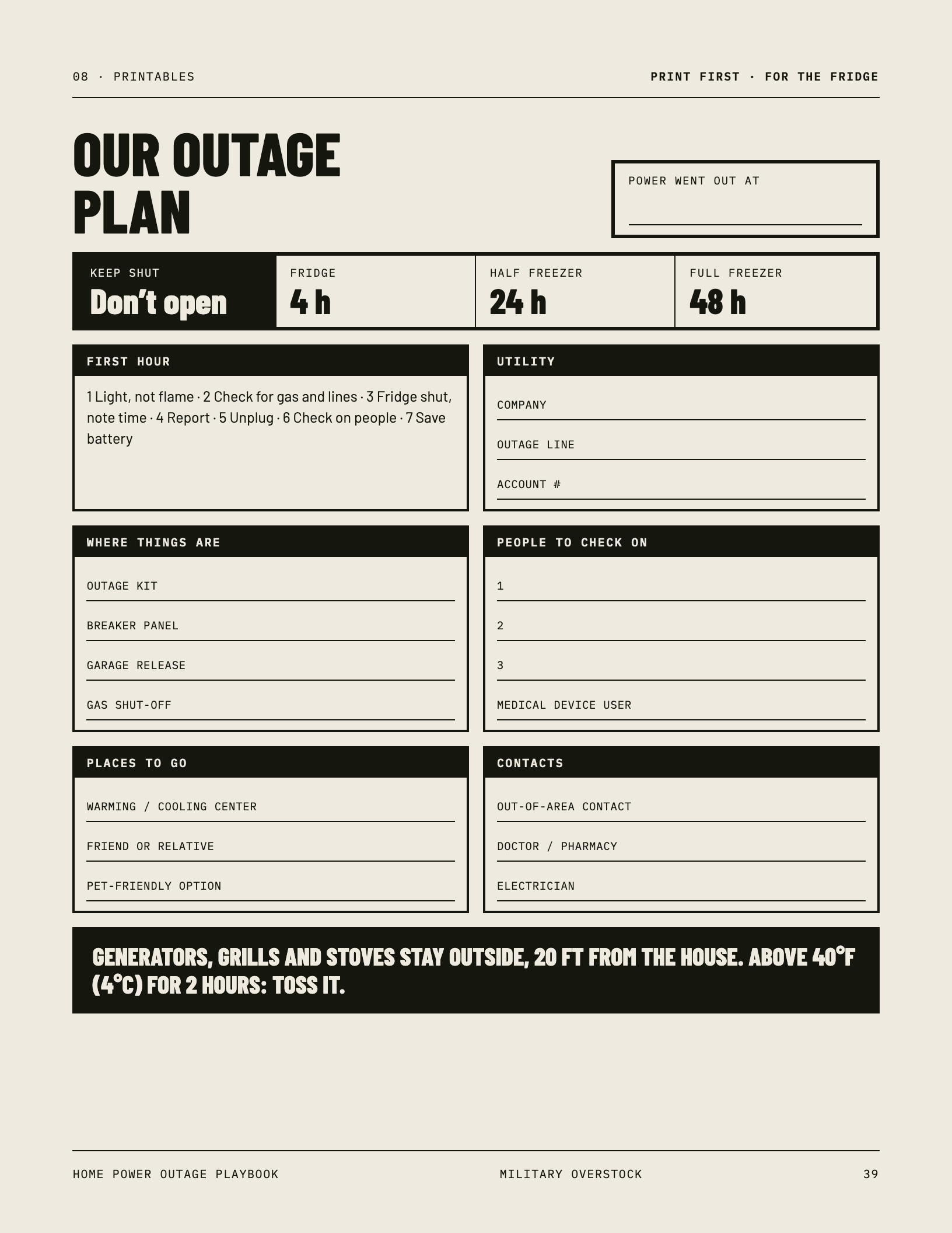 Fridge outage plan page
