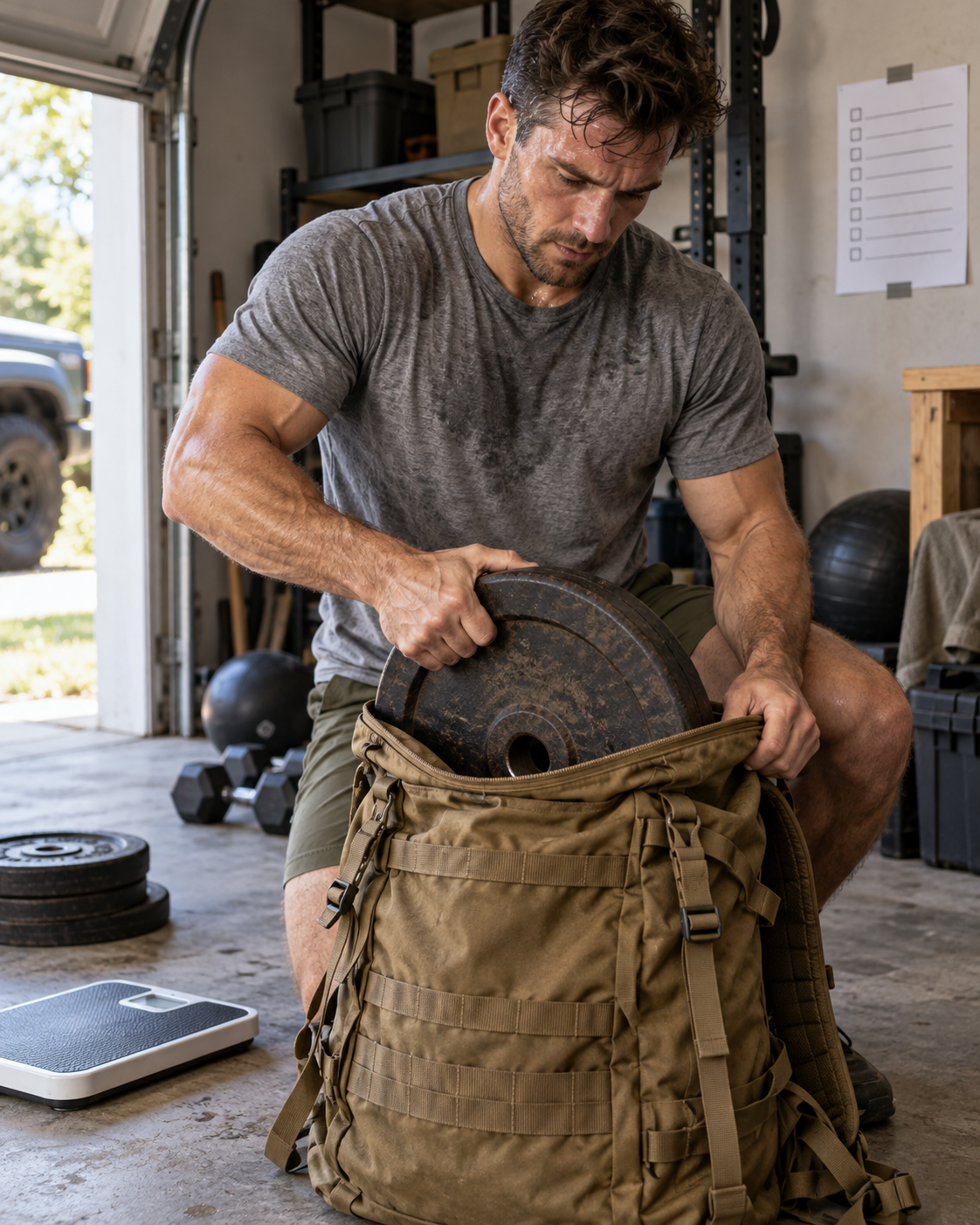 A man loading a weight plate into a rucksack