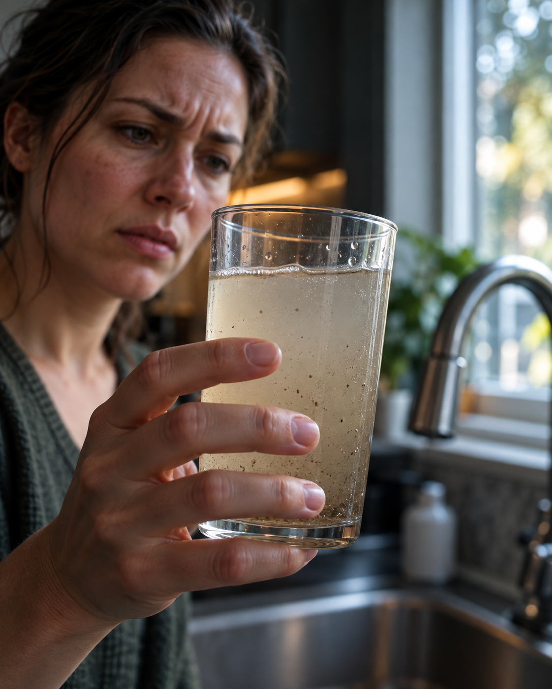 A glass of cloudy tap water