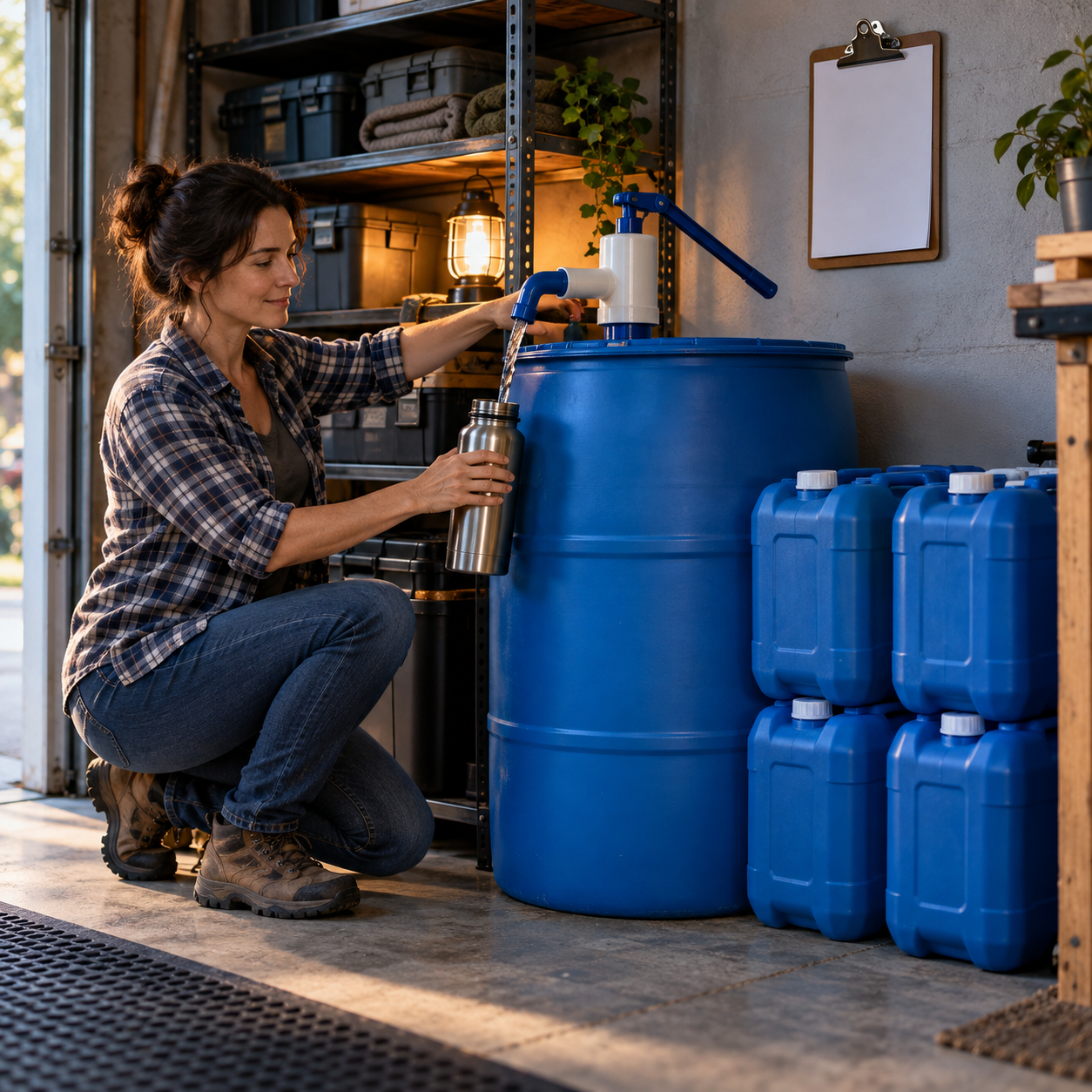 A 55-gallon drum with stacked bricks