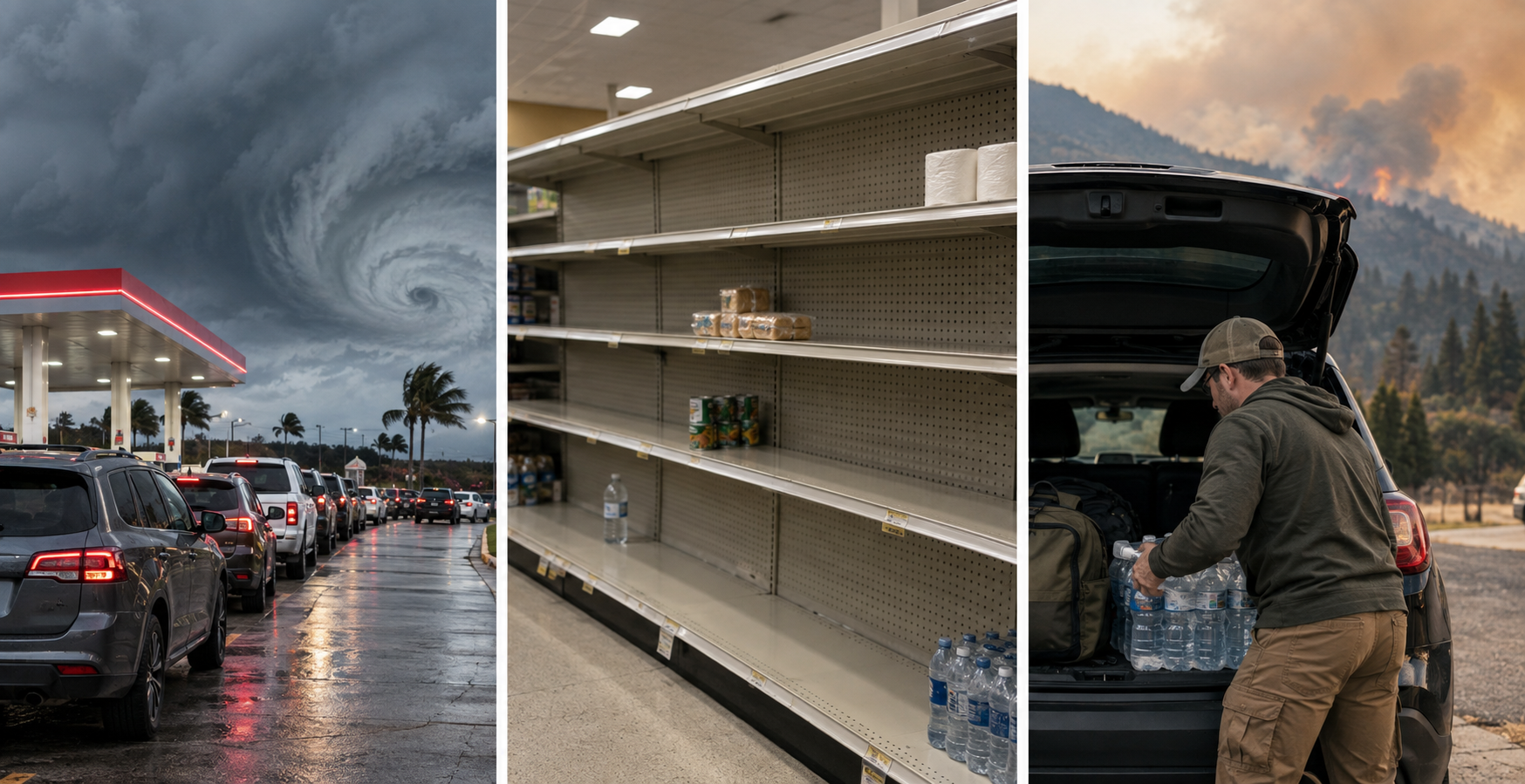 Illustrative emergency readiness scenario with gas line, store shelves, and vehicle preparation