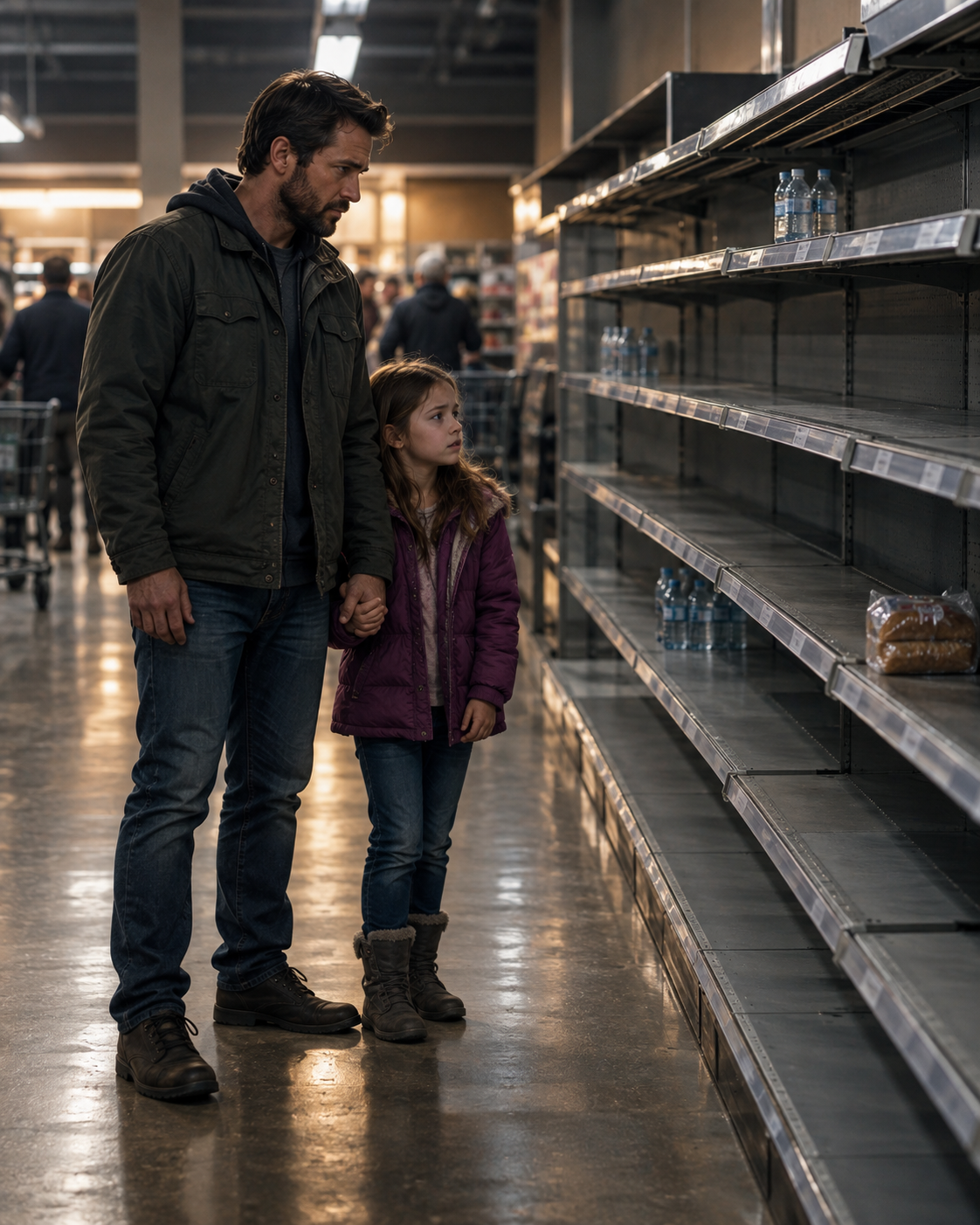A father and daughter looking at empty store shelves