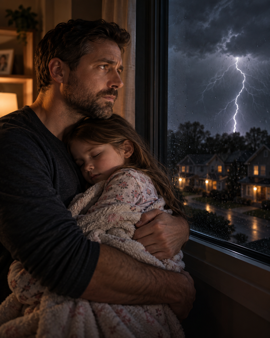 A father holding his sleeping daughter at a window during a storm