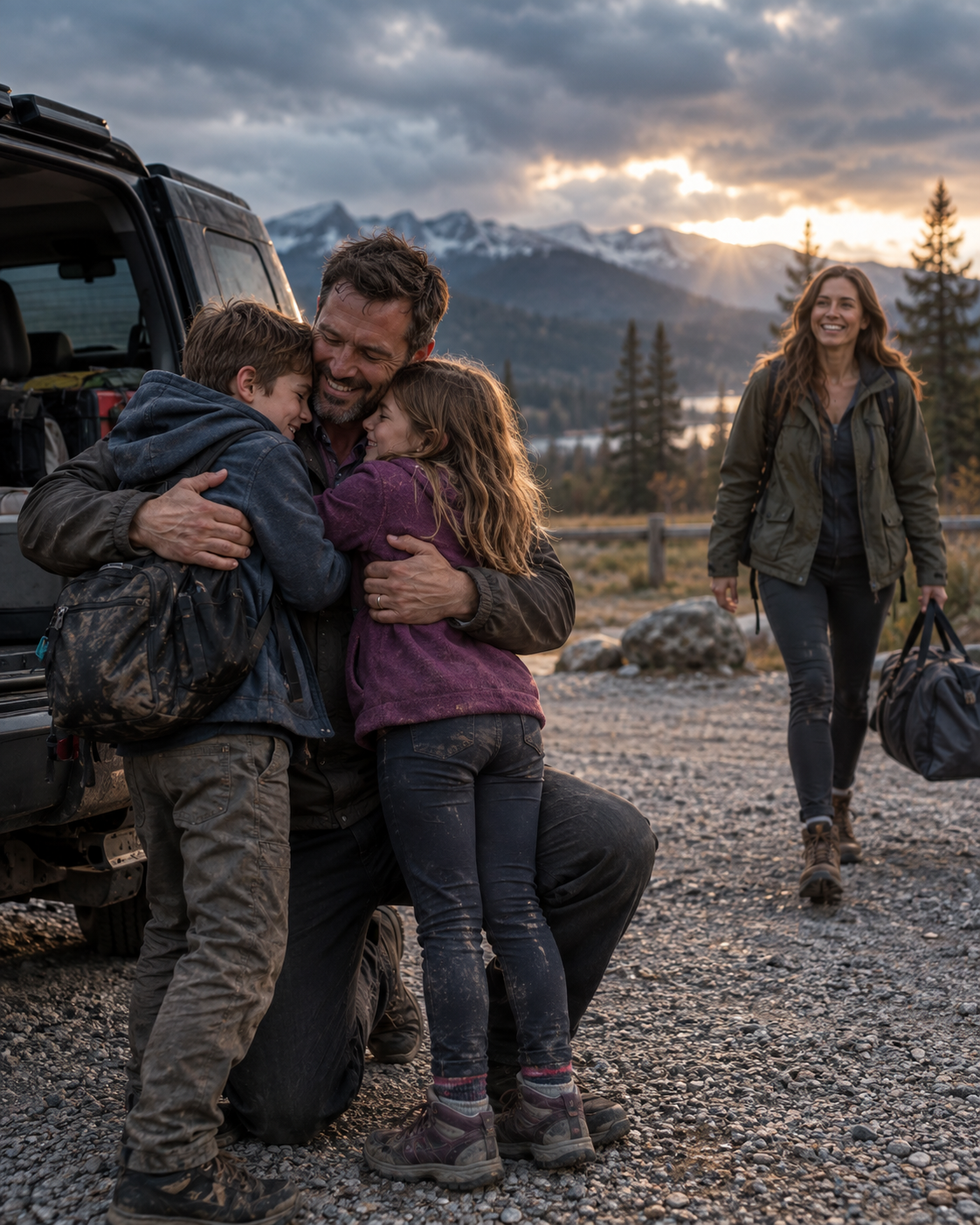 A father hugging his kids at a rally point