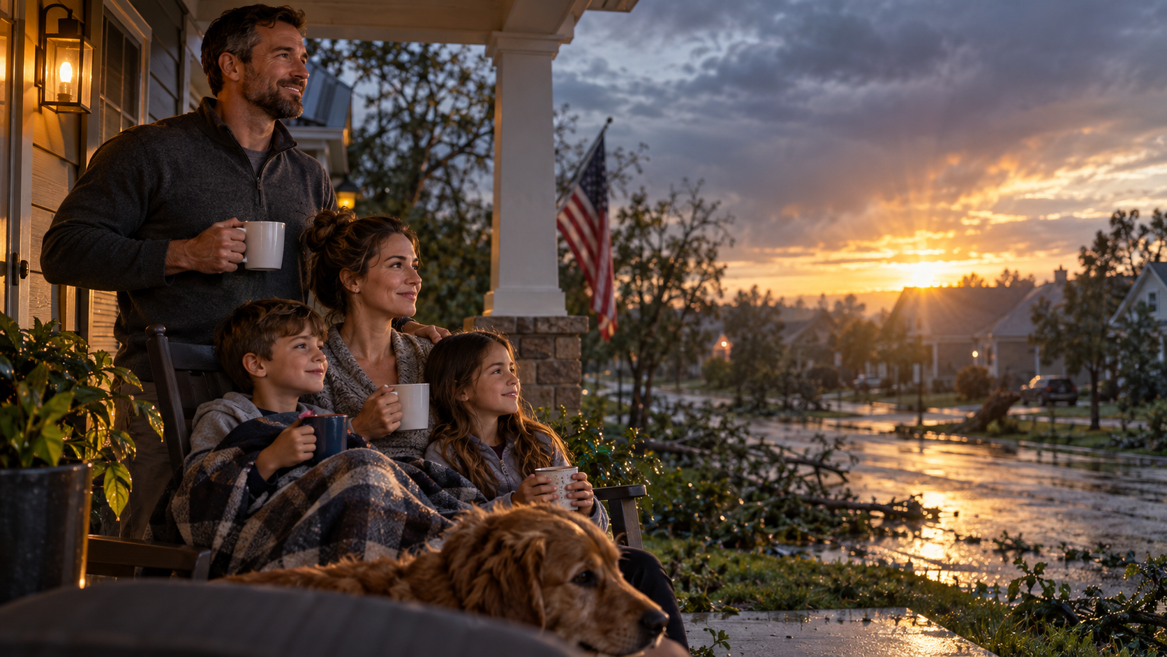 A family on their porch the morning after a storm