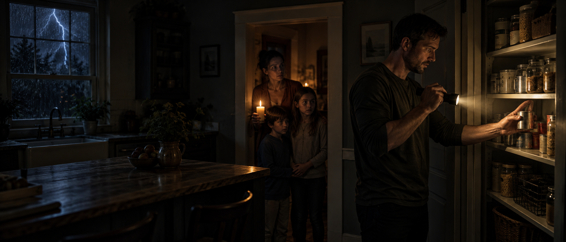 A father checking a half-empty pantry by flashlight during an outage