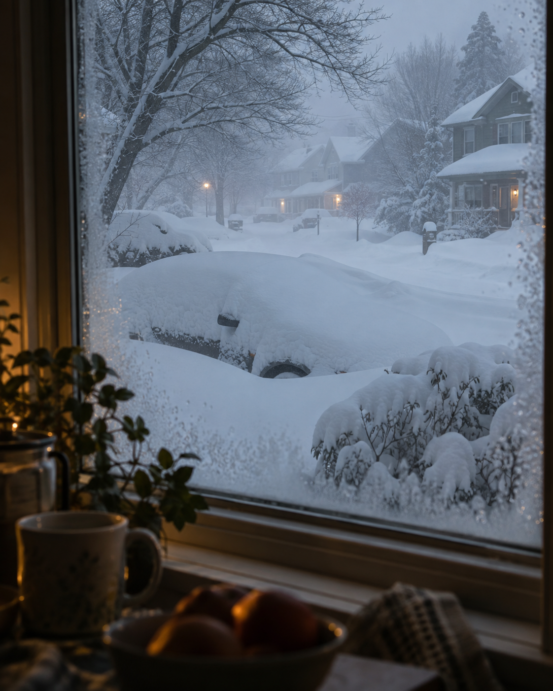 A snowed-in street seen from a front window