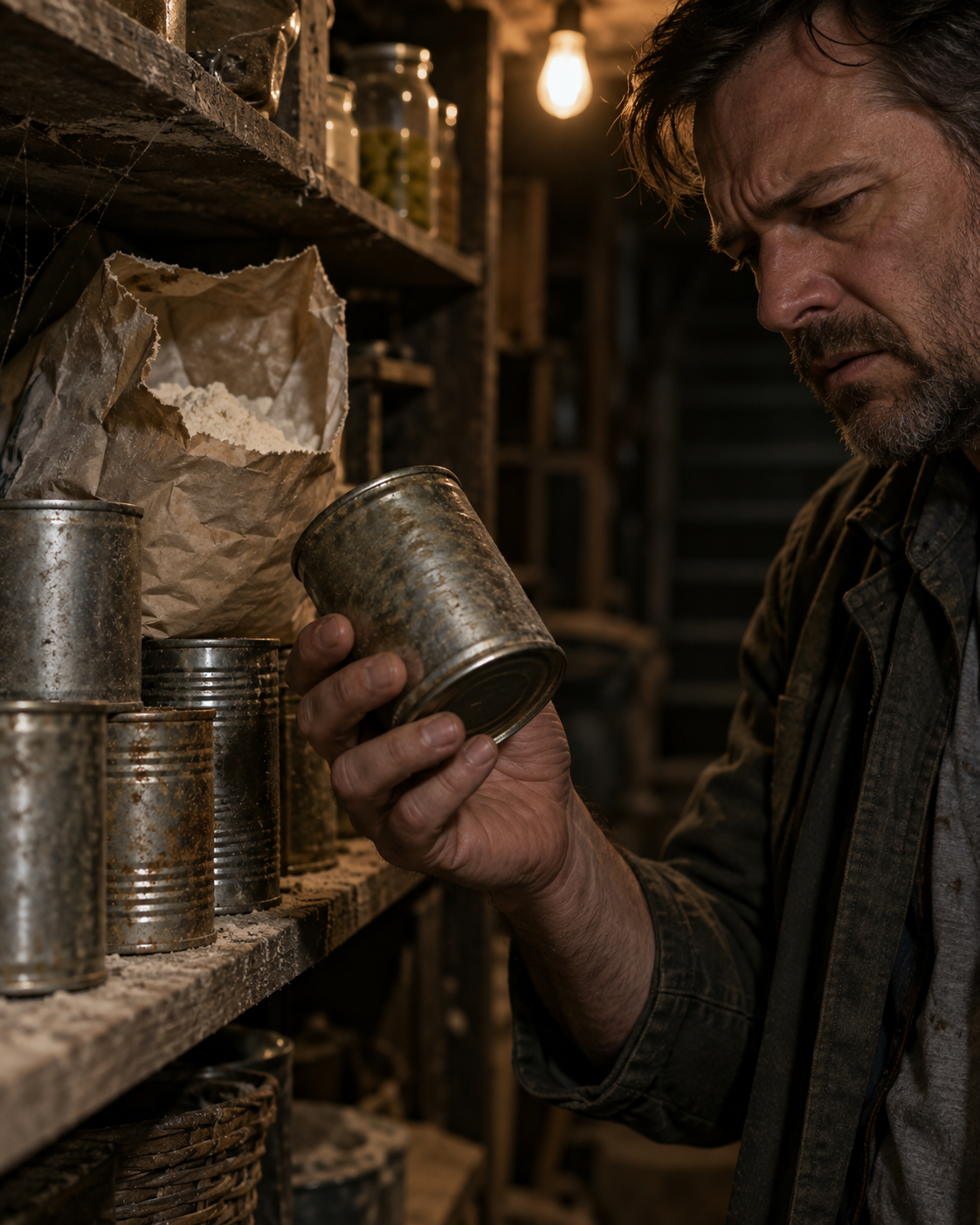A man checking the date on an old dented can