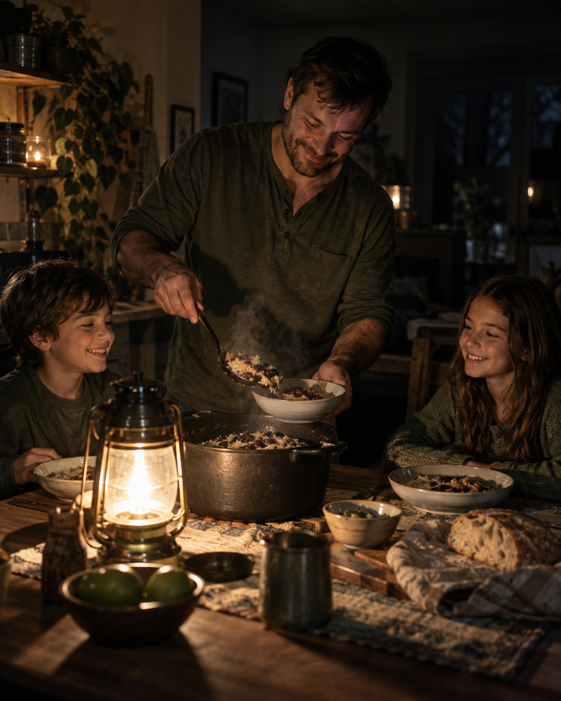 A father serving his kids a hot meal by lantern light