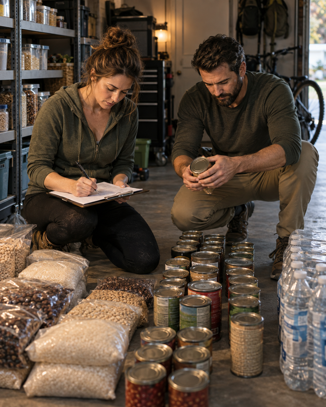 A couple doing a pantry inventory in the garage