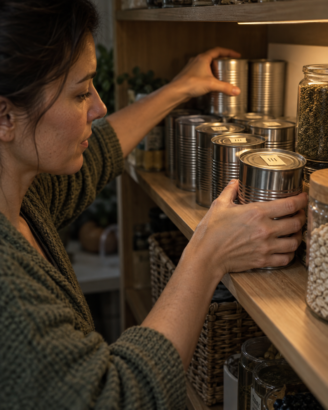 Hands rotating cans on a pantry shelf