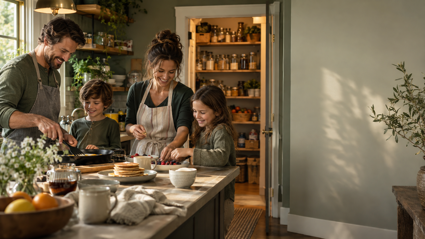 A family making breakfast with a full pantry behind them