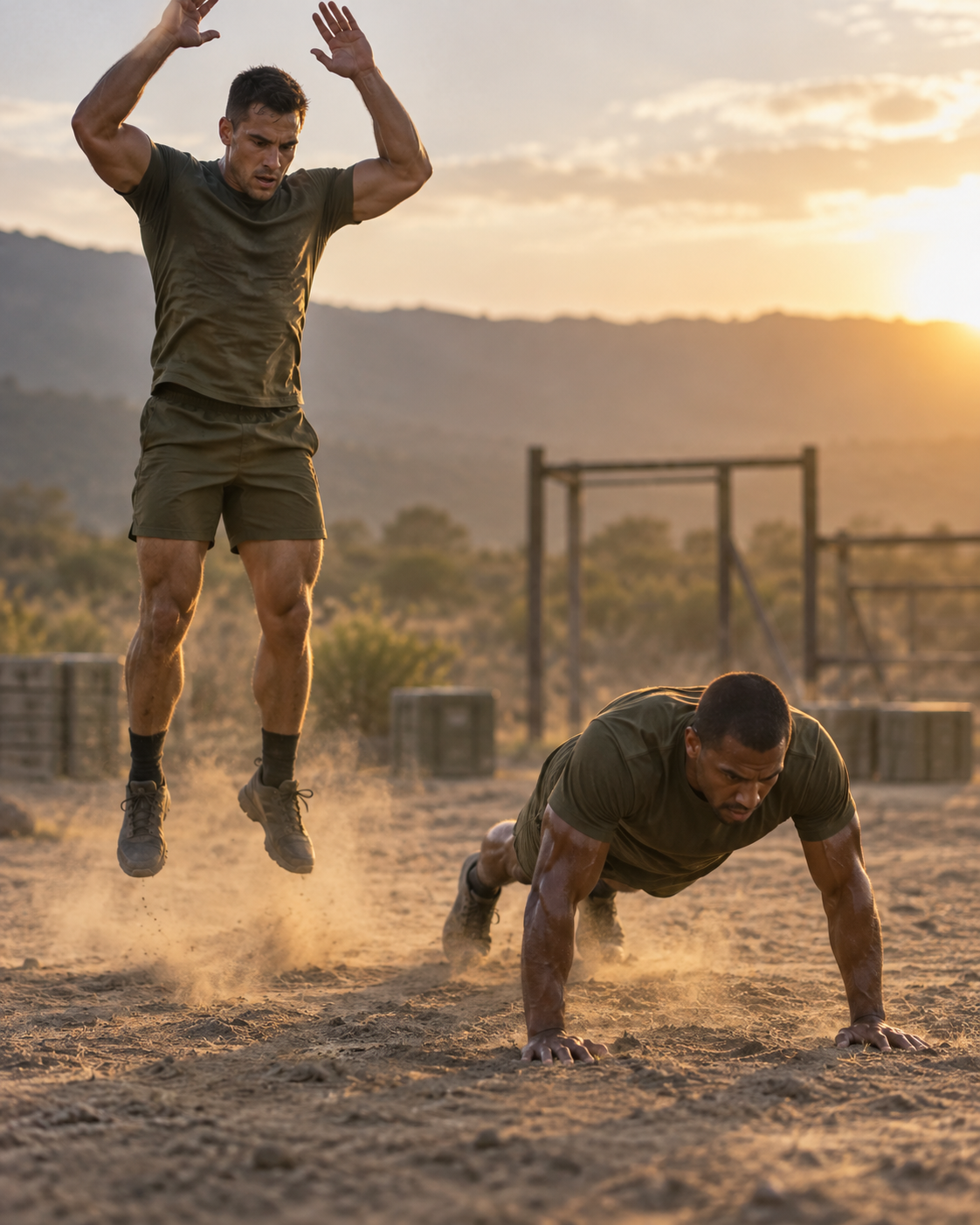 Two soldiers doing burpees