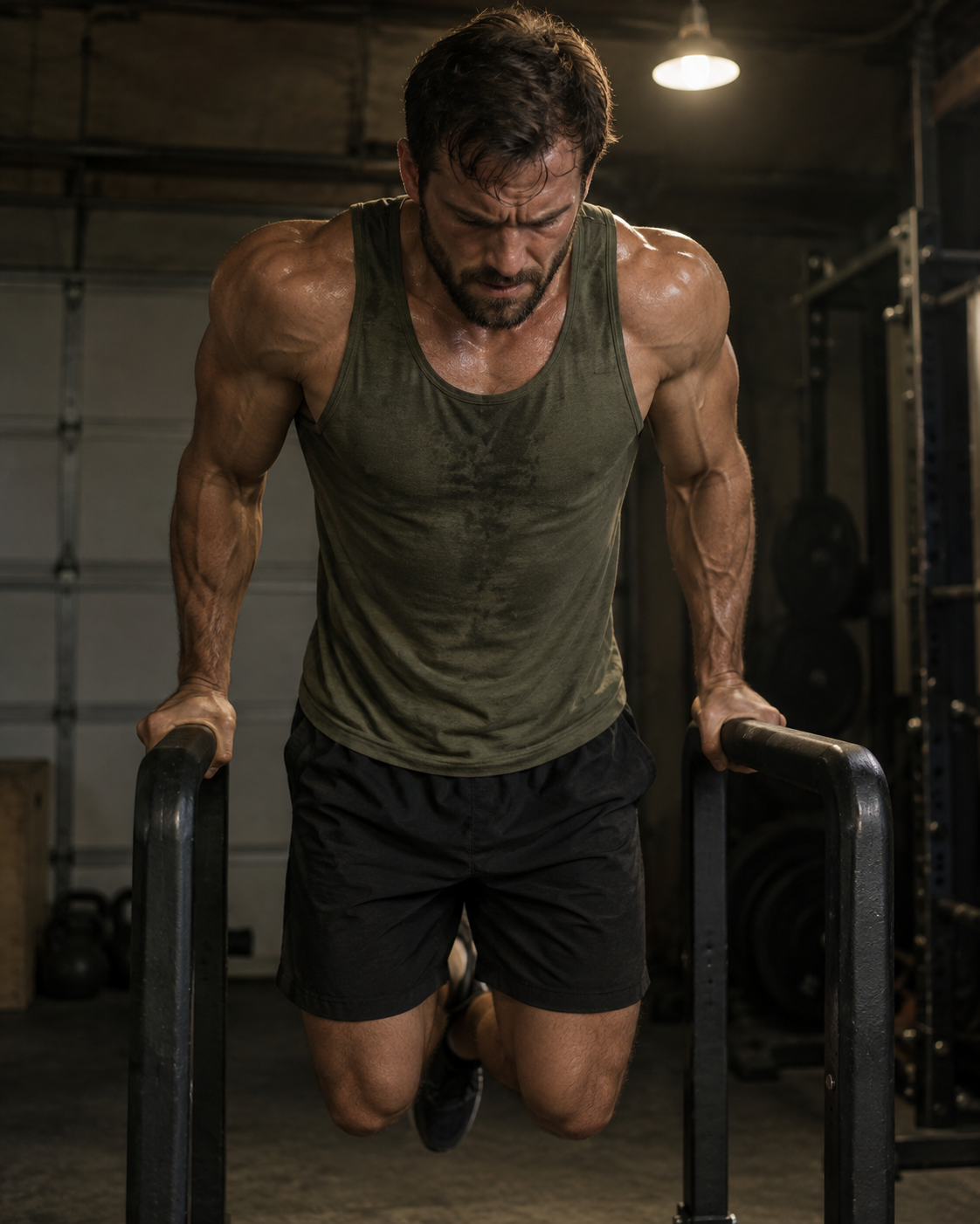 Parallel-bar dips in a garage gym