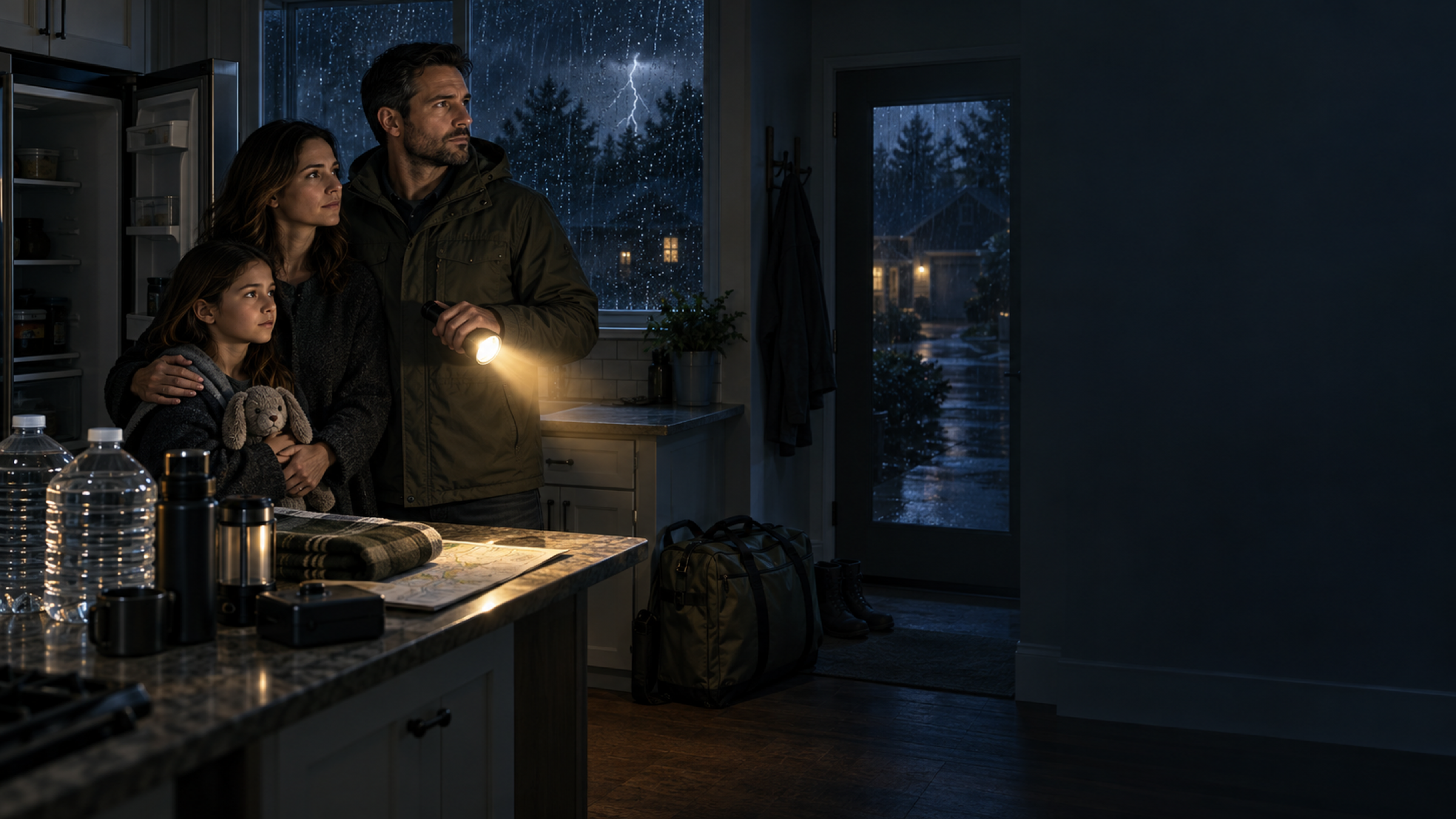 A father with his kids in a dark kitchen during a storm