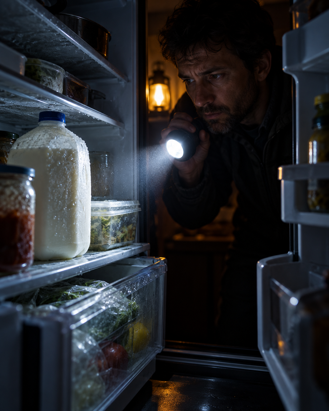 A dark open refrigerator lit by a flashlight