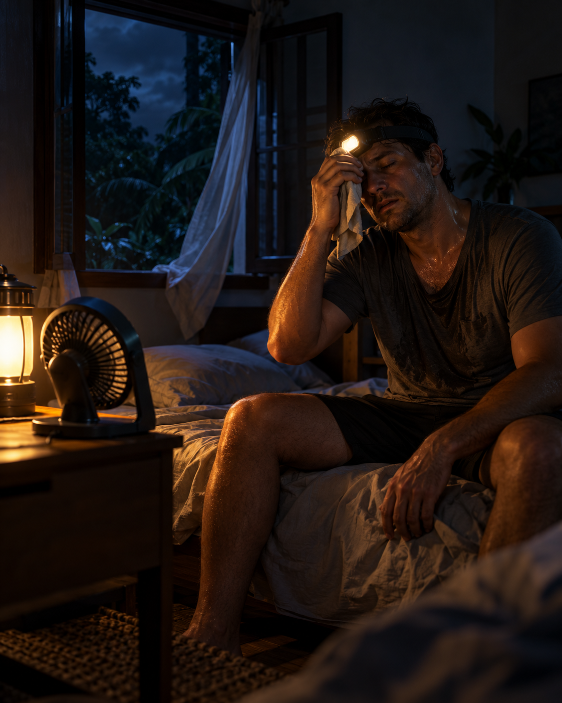 A man in a hot, dark bedroom during a summer outage