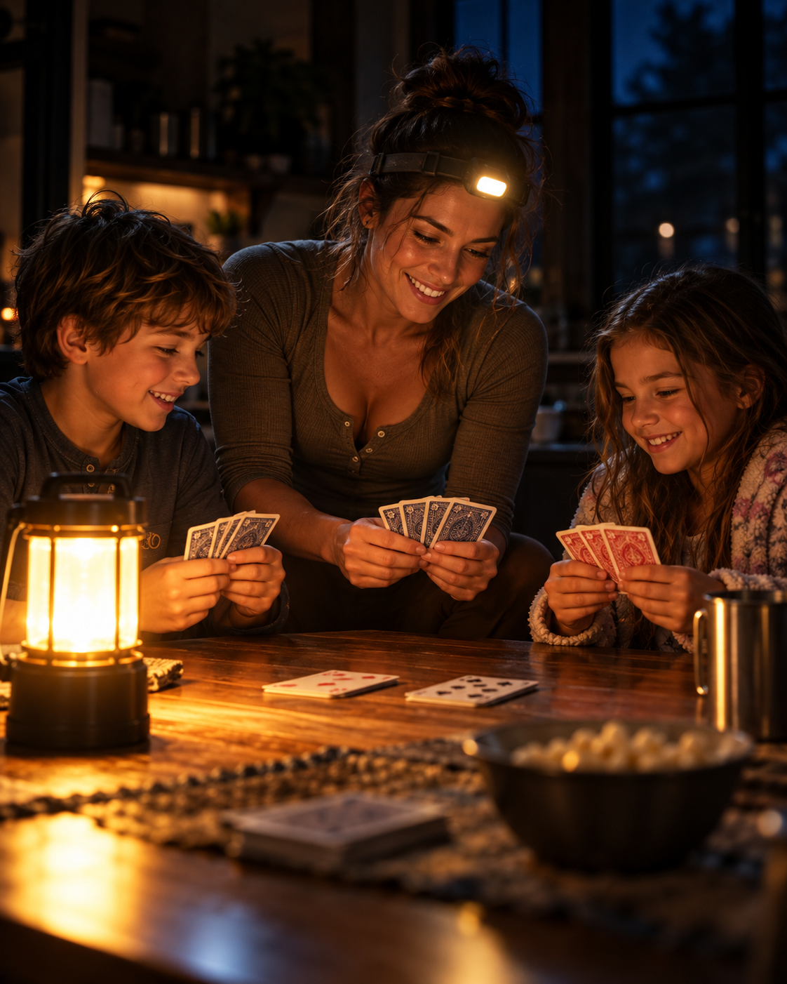 A mother and two kids playing cards by lantern light