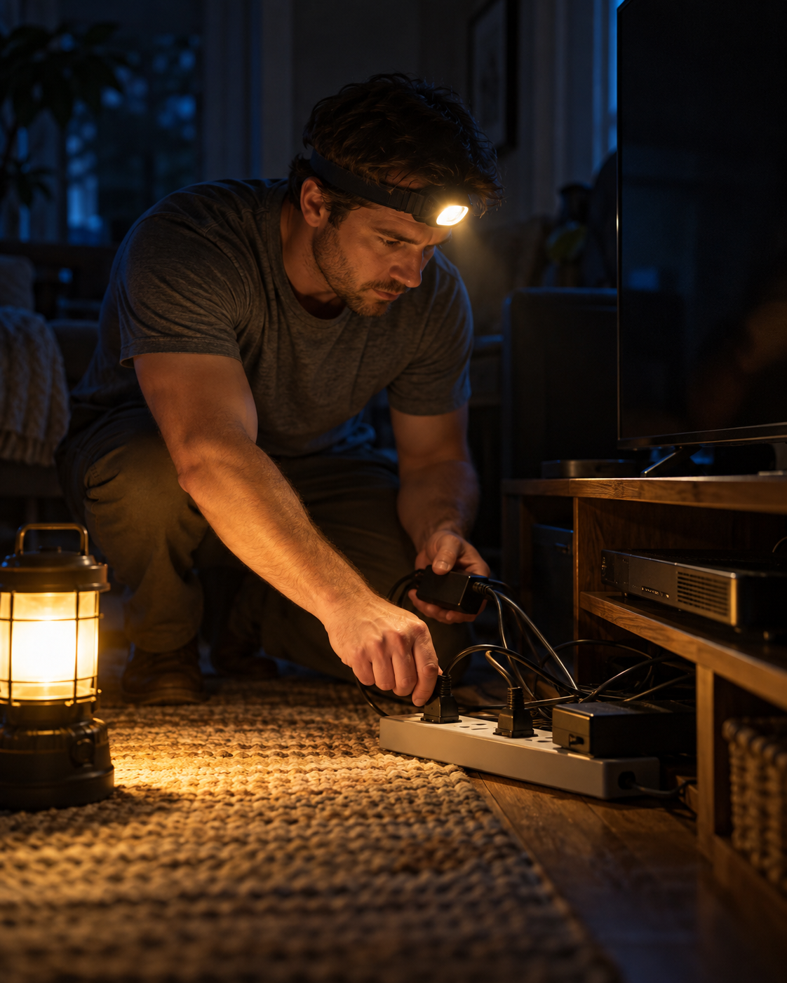 A man unplugging electronics by headlamp
