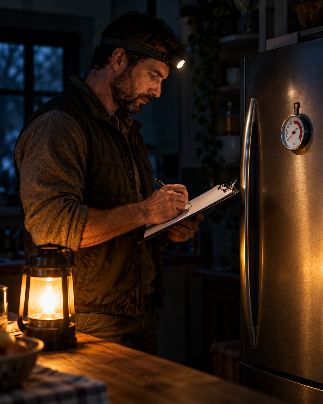 A man logging the time beside a closed fridge