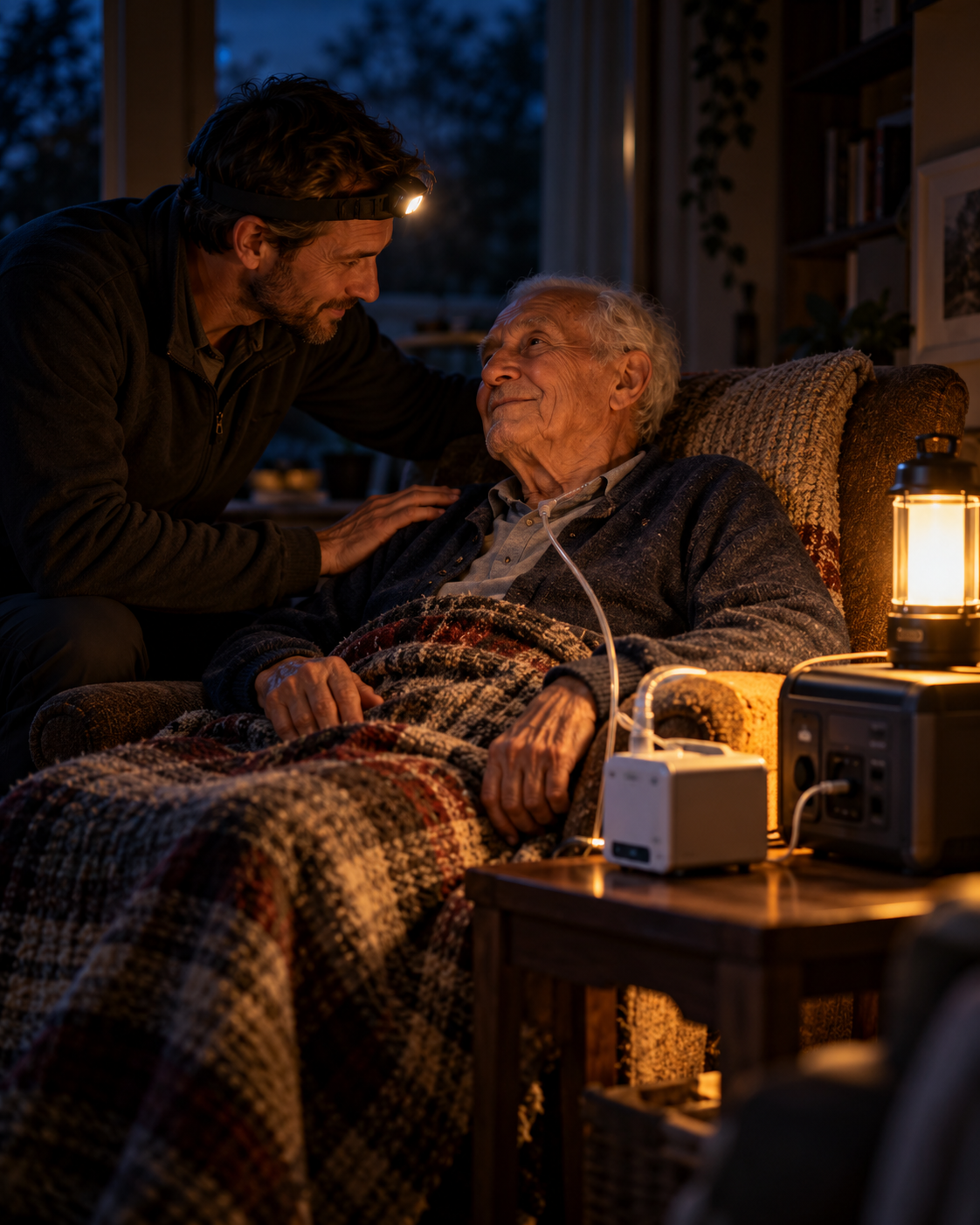A son checking on his elderly father by lantern light