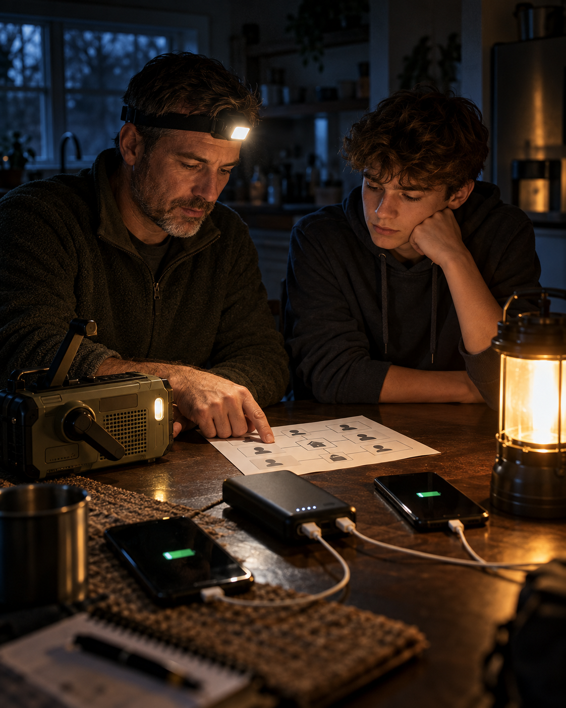 A father and son with a hand-crank radio and power bank