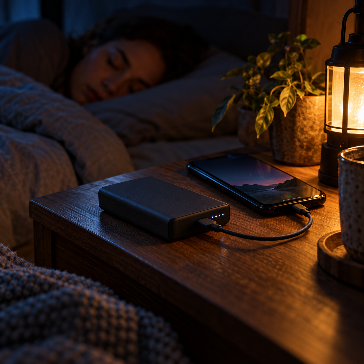 A power bank charging a phone in the dark