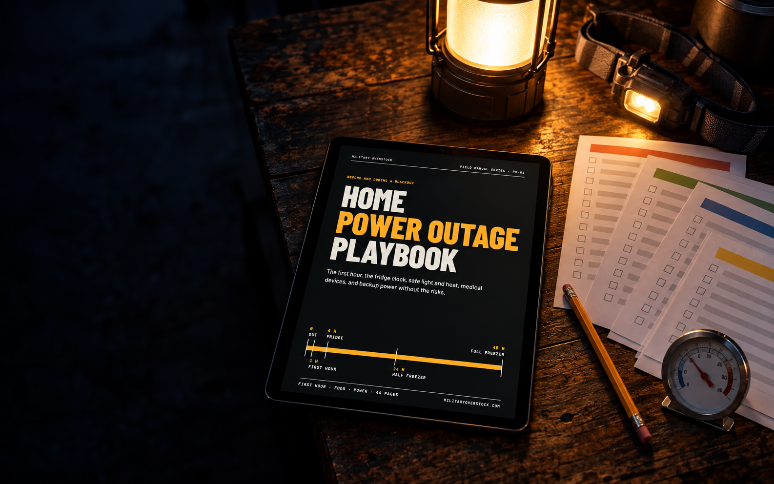 The playbook on a tablet with printed checklists by lantern light