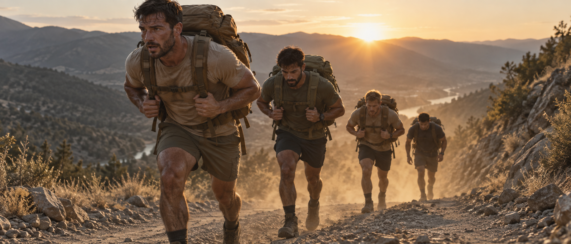 Four men rucking up a fire road at dawn