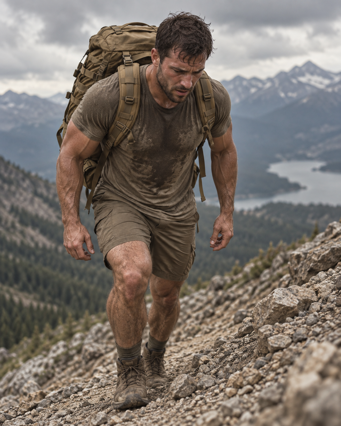 A man rucking up a steep gravel incline