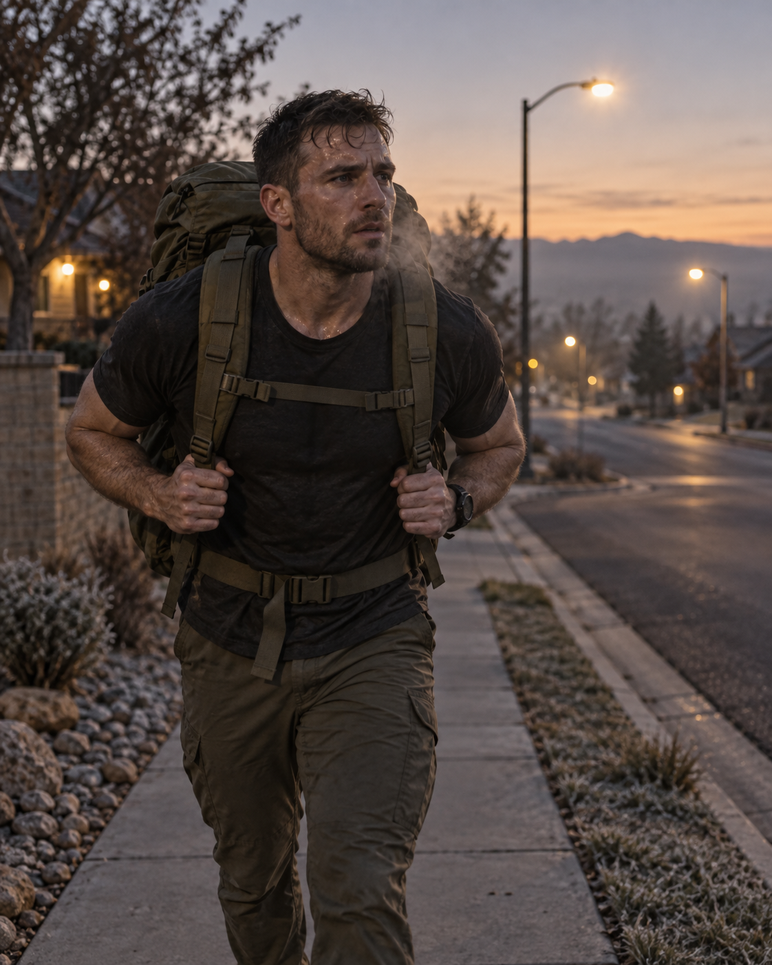A man rucking before sunrise