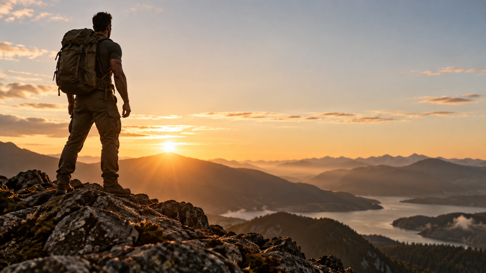 A silhouette with a loaded ruck on a ridge at sunrise