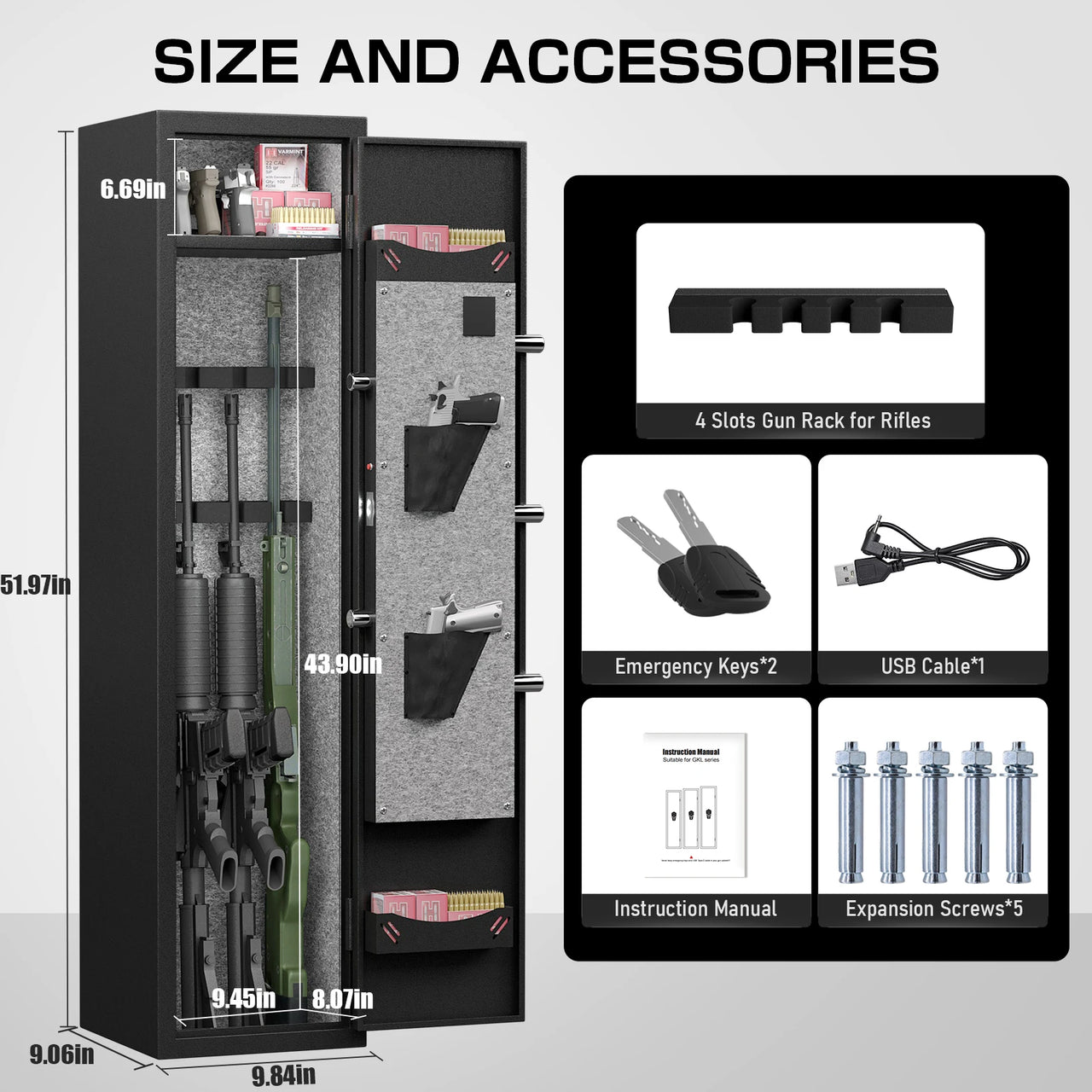 Tactical rifle gun safe with interior storage, accessories, and size dimensions