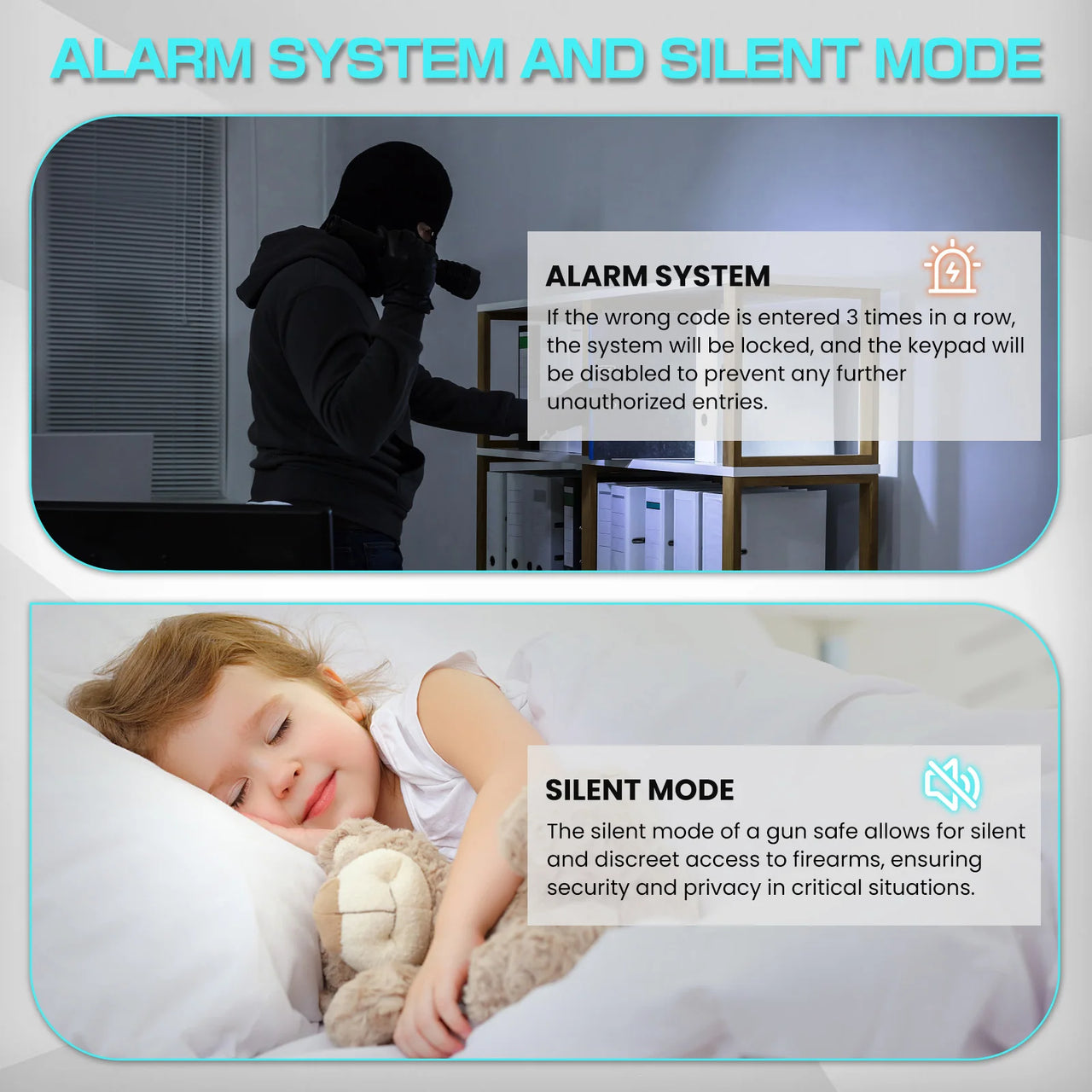 alarm system locking after wrong code attempts and silent mode for discreet gun safe access