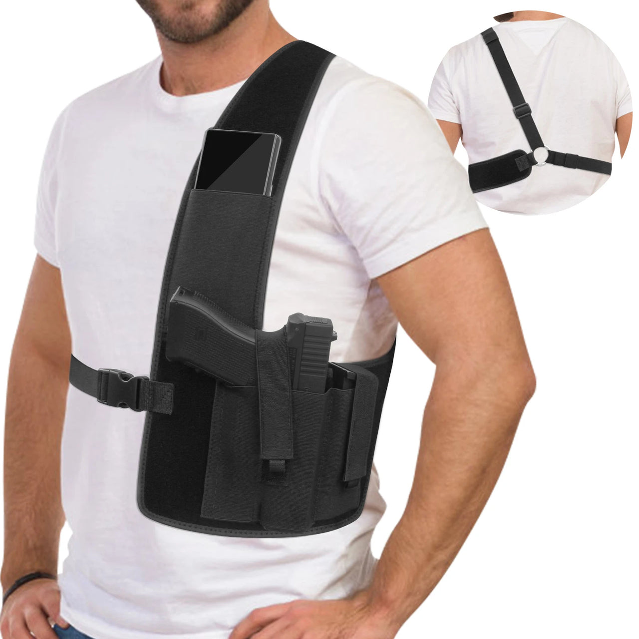 Tactical Chest Holster w/ Phone Pouch – Concealed Carry Rig