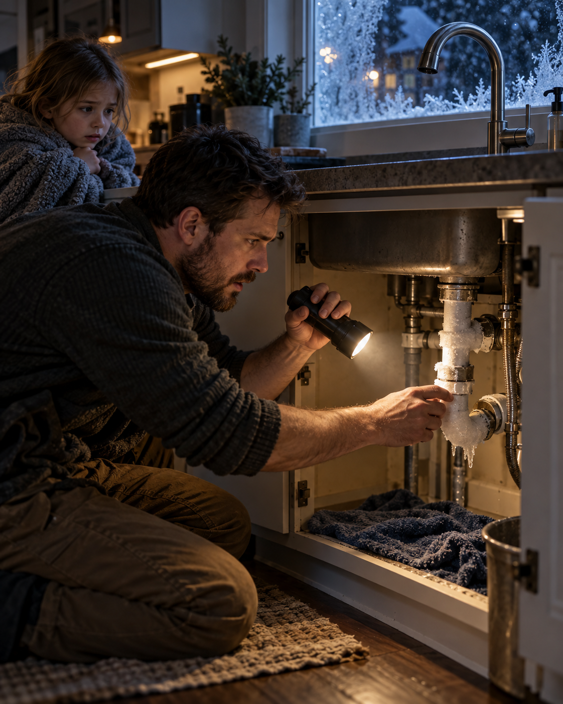 A man checking frozen pipes with a flashlight